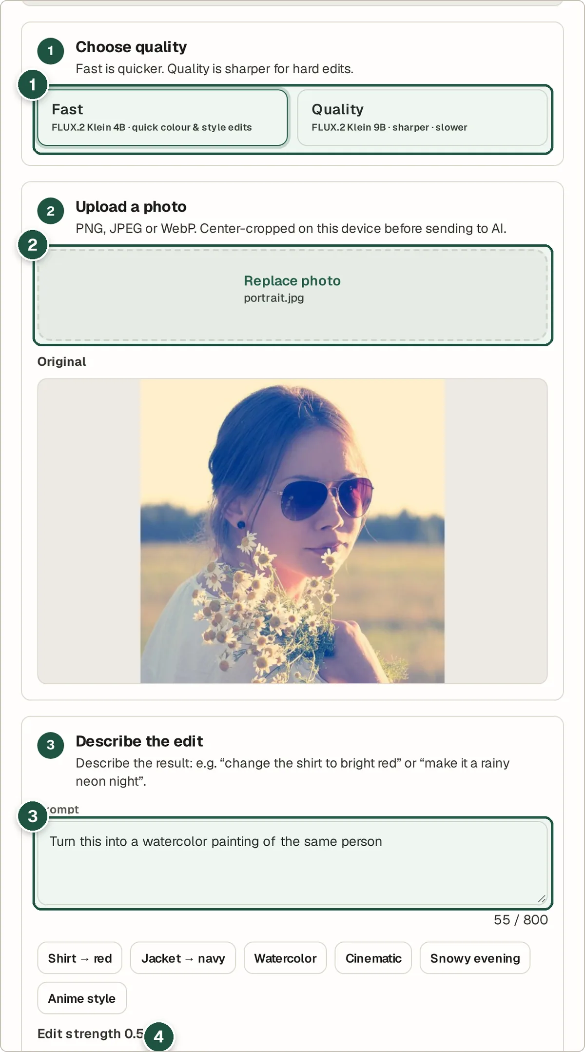 AI Image Editor with a portrait uploaded and a watercolor prompt