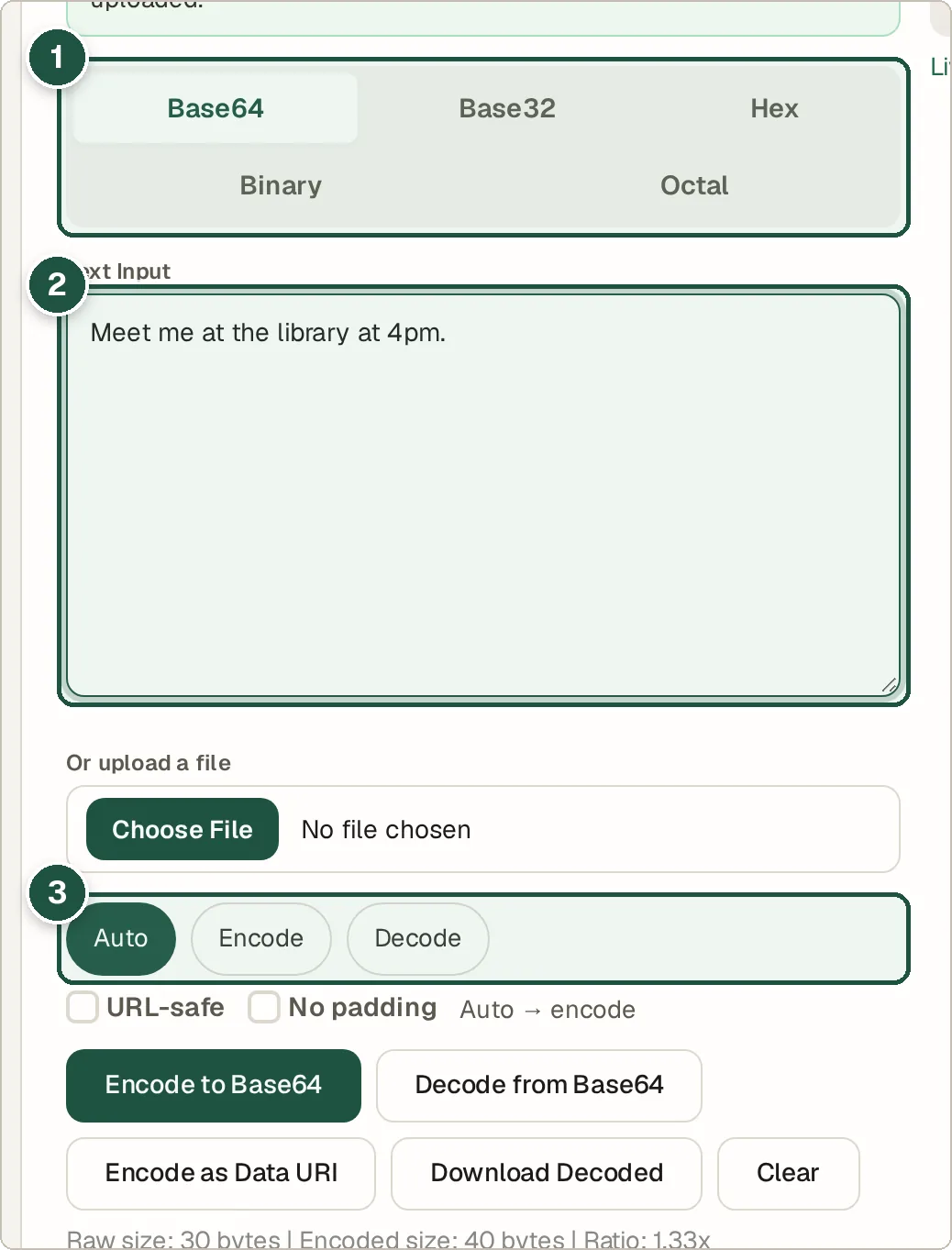 Base64 encoder with a short sentence typed in and Auto mode selected