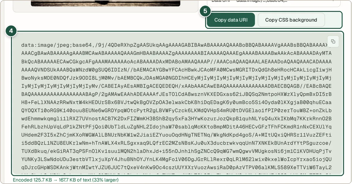 Base64 data URI result with copy buttons
