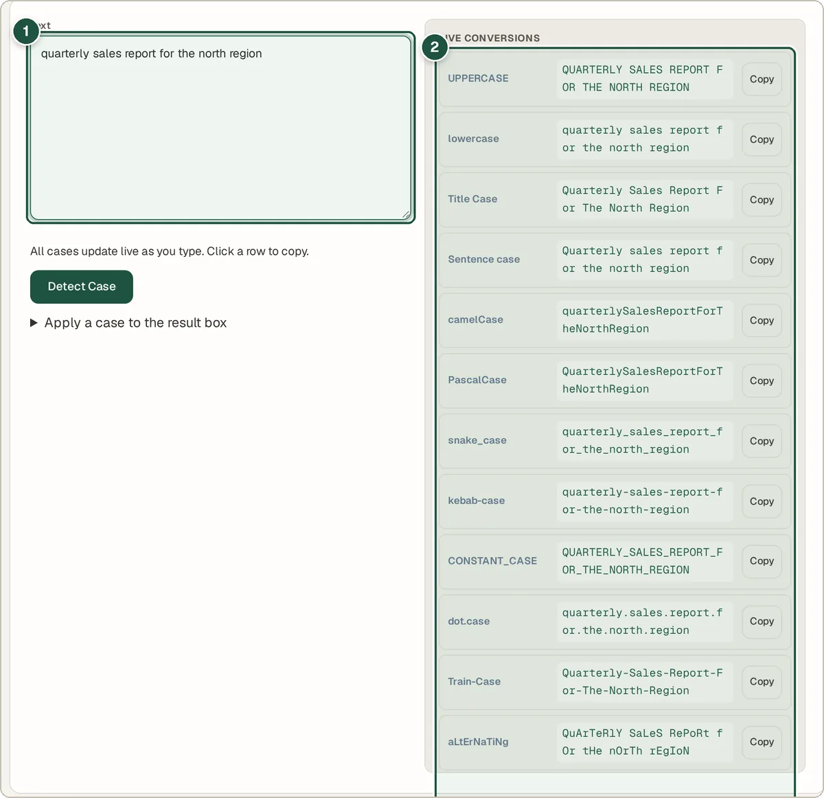 Case Converter with a sentence typed in and live conversions shown in many styles