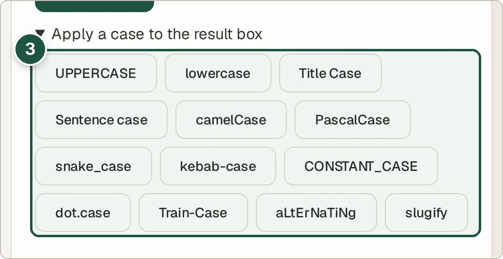 Row of case buttons including UPPERCASE, lowercase, Title Case and camelCase