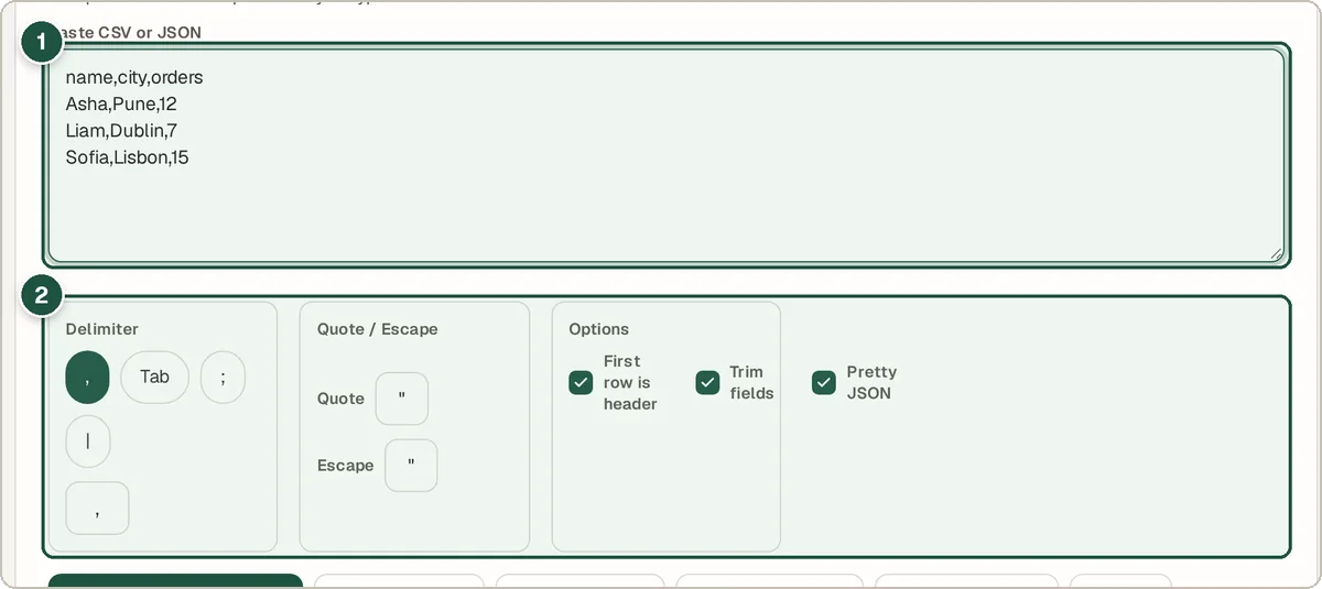 CSV to JSON converter with a small table of names, cities and orders