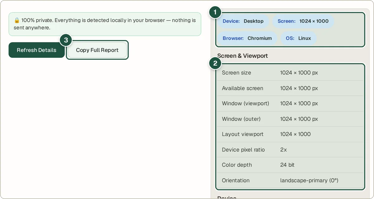 Device Info showing desktop, Chromium browser, Linux and a 1024 by 1000 screen