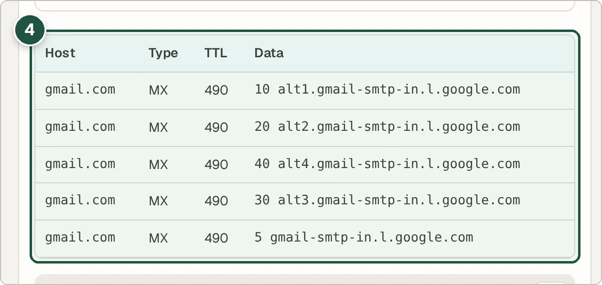 DNS records table with values and TTLs
