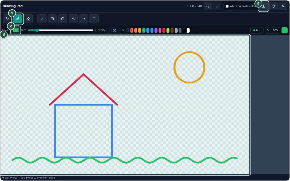 Drawing Pad with a simple house and sun drawn on the canvas