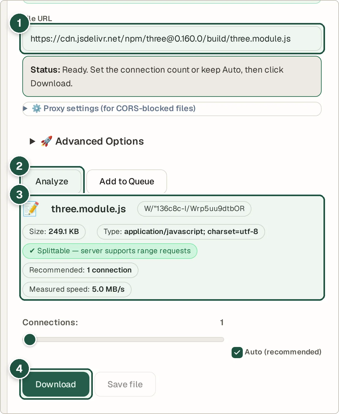 Large File Downloader showing file name, size and connection details for a sample file