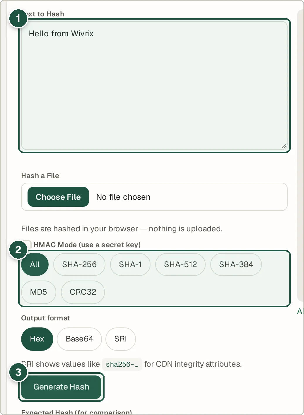 Hash Generator with Hello from Wivrix typed in and All algorithms selected