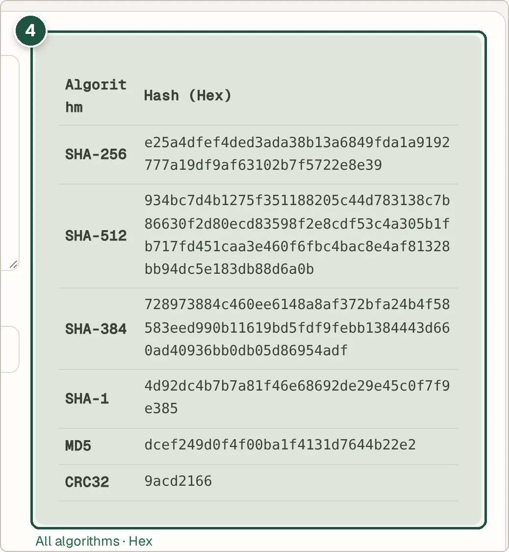 Table of SHA-256, SHA-512, SHA-384, SHA-1, MD5 and CRC32 hashes