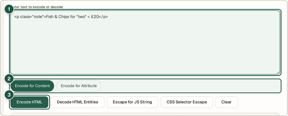 HTML encoder with a paragraph tag containing an ampersand, quotes and a pound sign