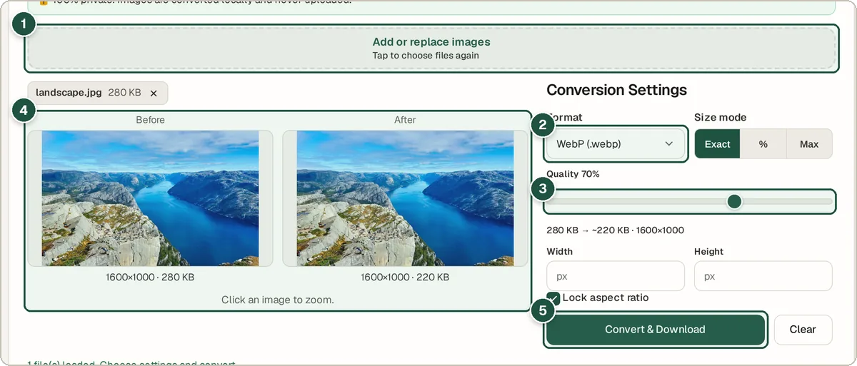 Image Converter converting a landscape photo to WebP with the quality slider and file sizes