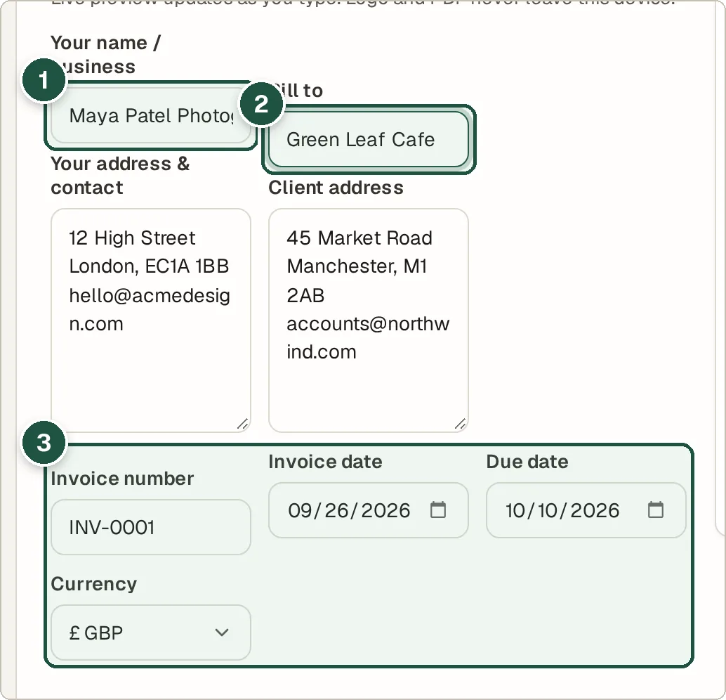 Invoice Generator form with business and client details filled in