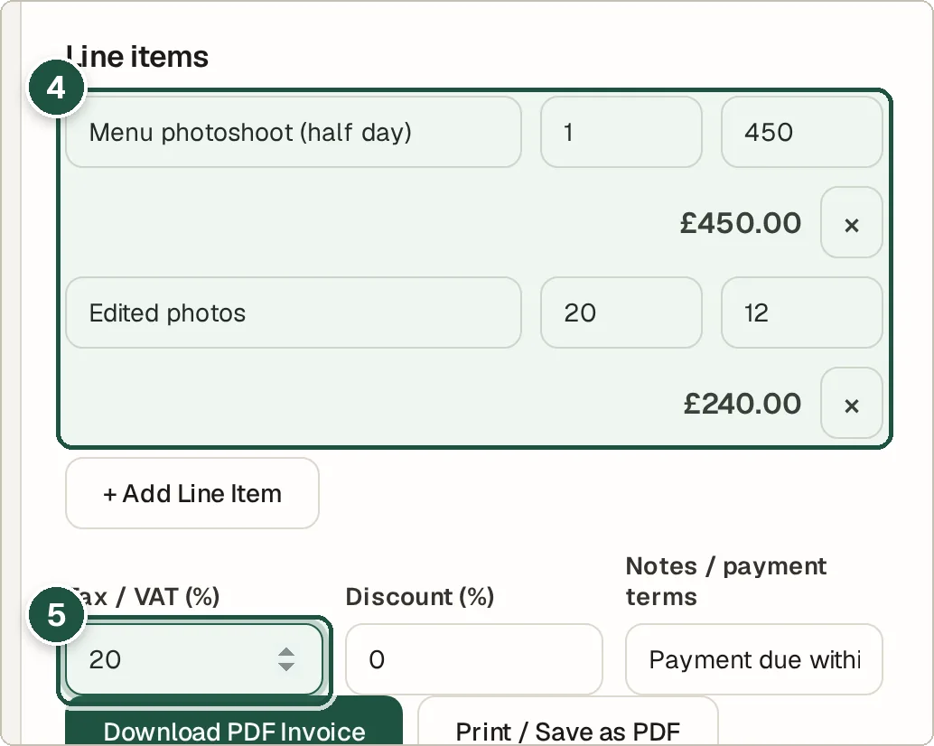 Invoice line items with quantities, prices and a tax percentage