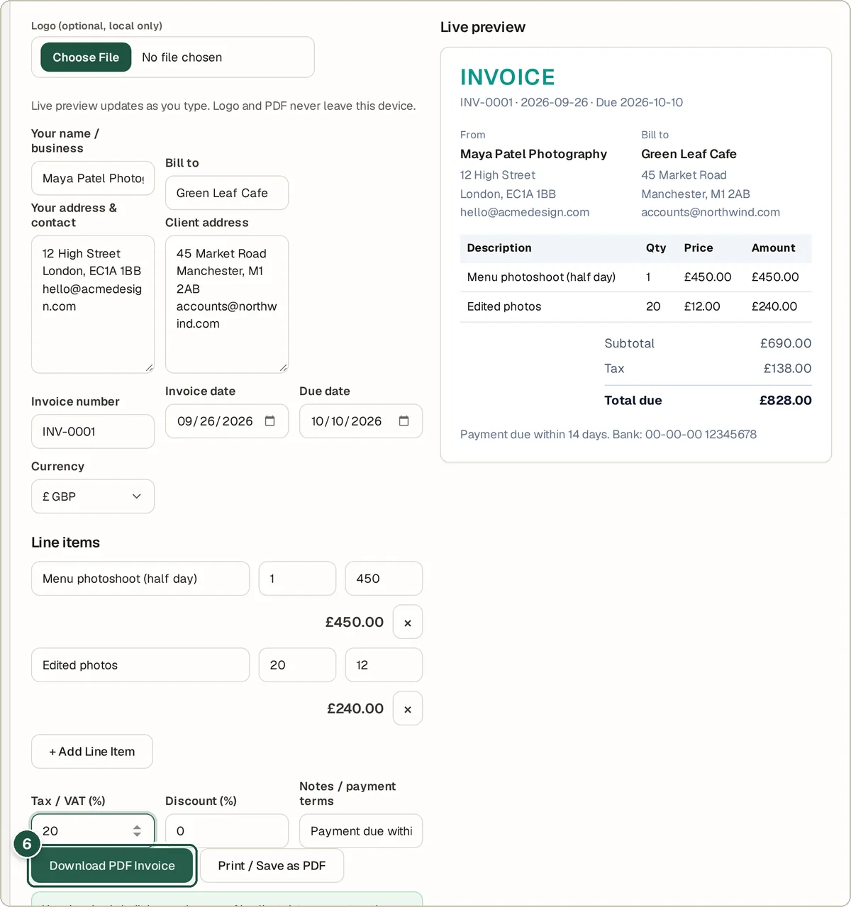 Live invoice preview next to the Download PDF Invoice button
