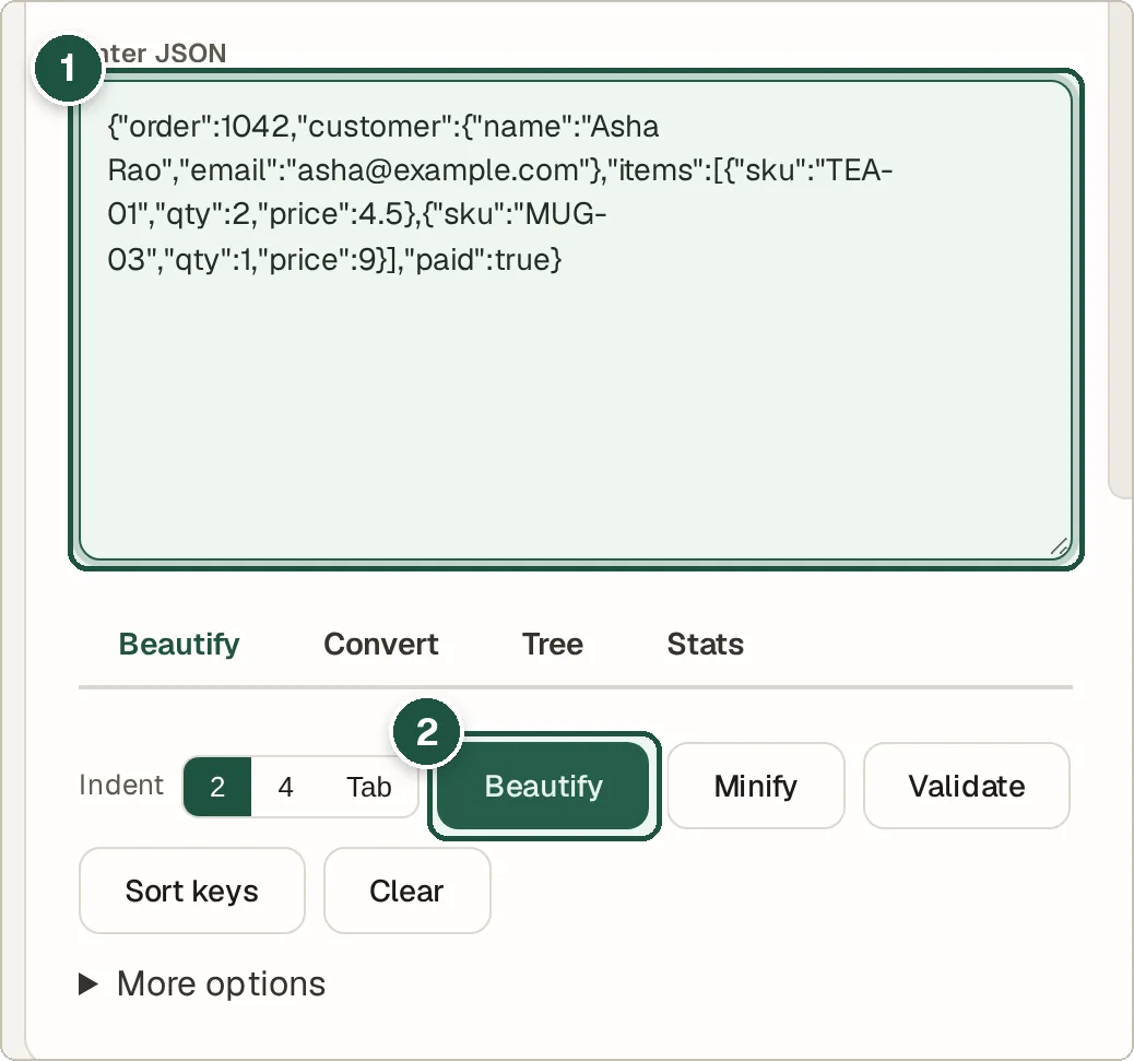 JSON Formatter with a one-line JSON order pasted in and the Beautify button