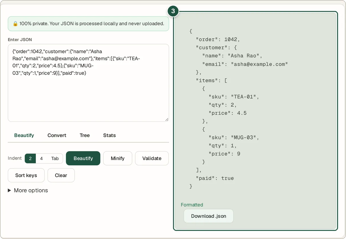 Beautified JSON output with nested customer and items fields