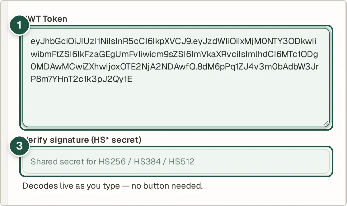 JWT Decoder with a sample token pasted in and an empty secret field