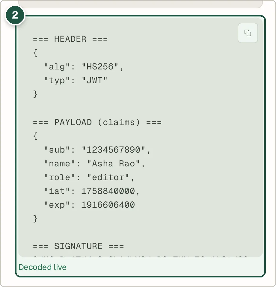 Decoded JWT header and payload claims shown as JSON