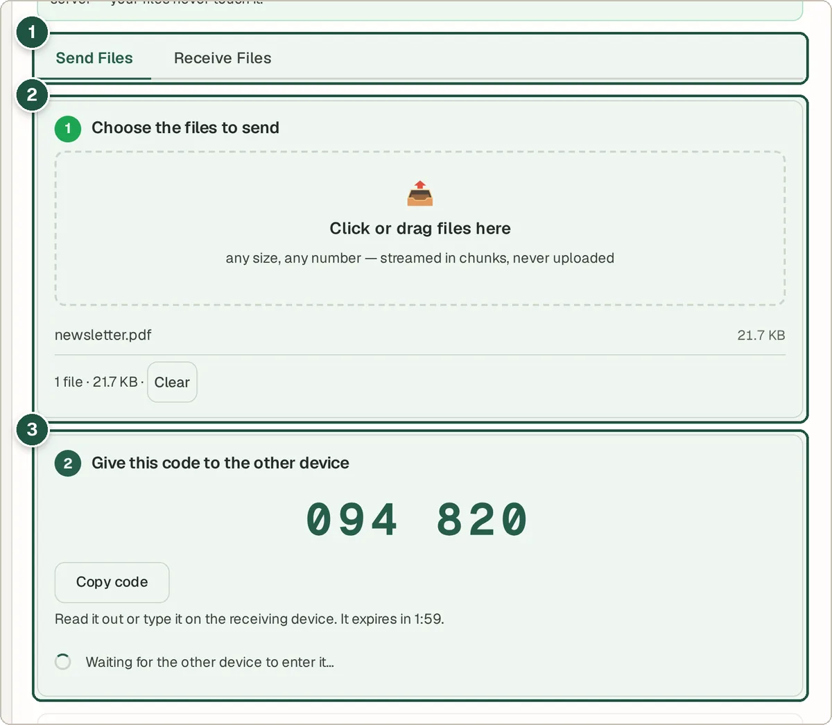 LAN File Transfer sender screen with a file chosen and a six-digit code