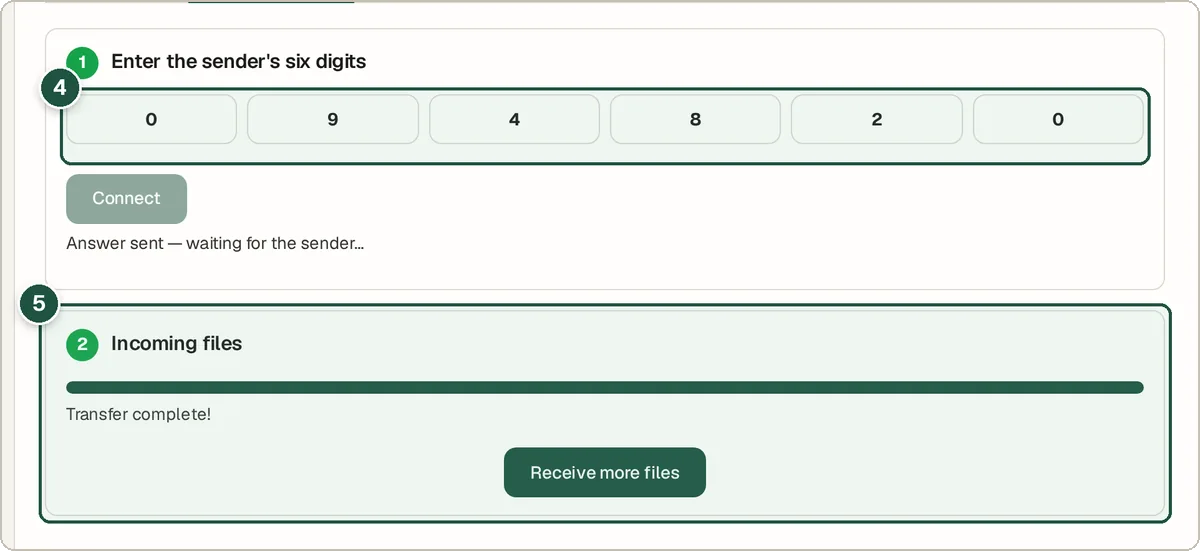 LAN File Transfer receiver screen showing Transfer complete