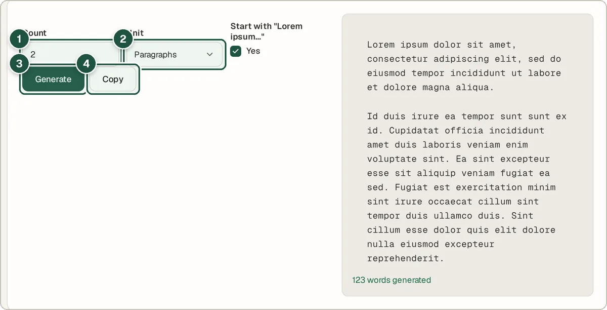 Lorem Ipsum Generator set to three paragraphs with generated placeholder text