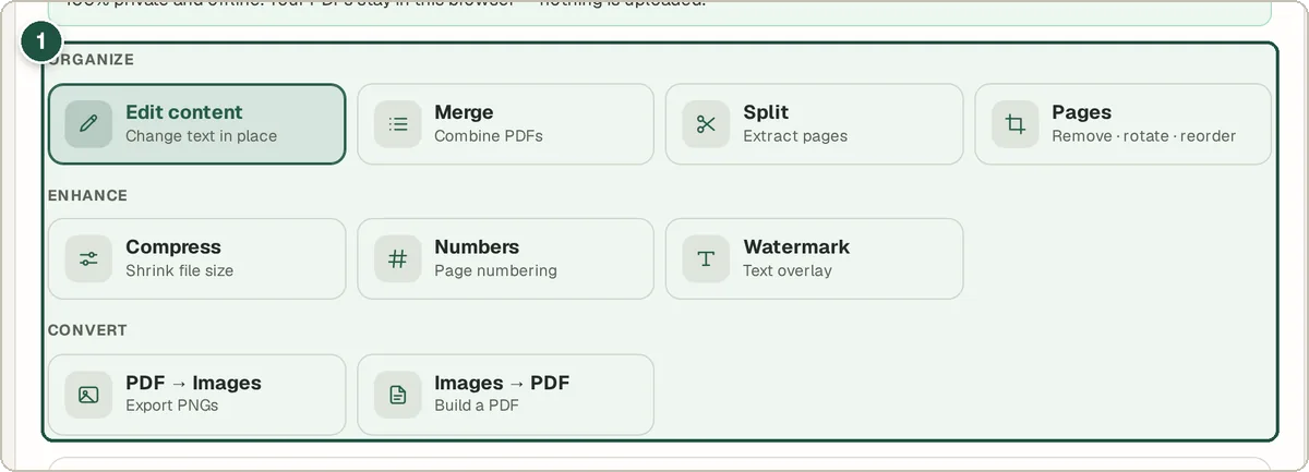 PDF Editor operations grid with Edit content, Merge, Split, Pages and more