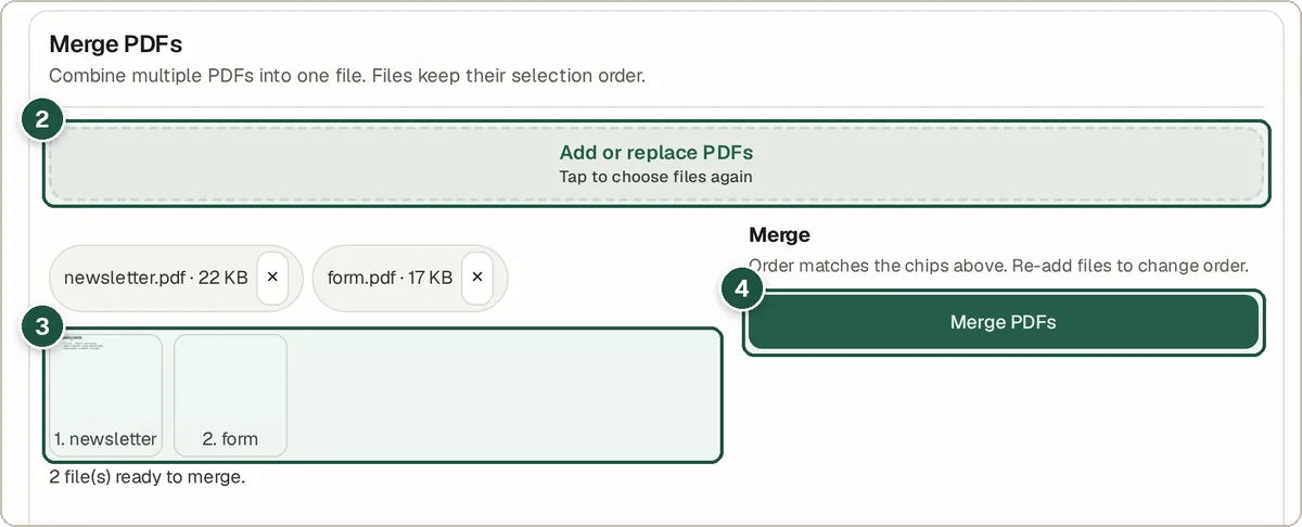 PDF merge with two files added, page thumbnails and the Merge PDFs button