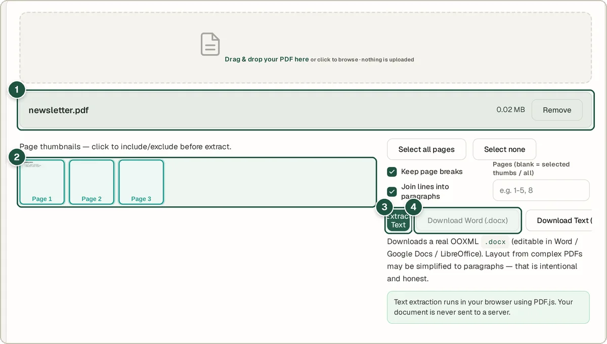 PDF to Word converter with a newsletter PDF loaded and page thumbnails