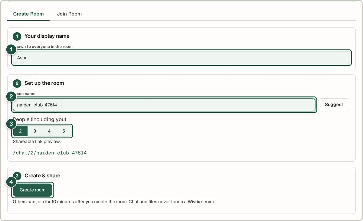 Peer Chat create room screen with a name, room name and capacity
