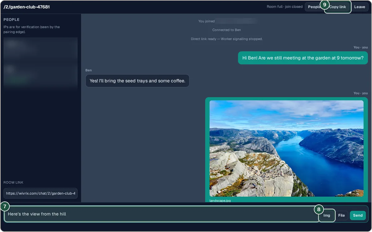 Peer Chat room with messages and a shared photo between two people