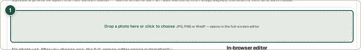 Photo Editor dropzone for choosing a photo