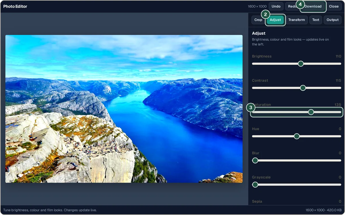 Full-screen photo editor with the Adjust tab open and saturation increased
