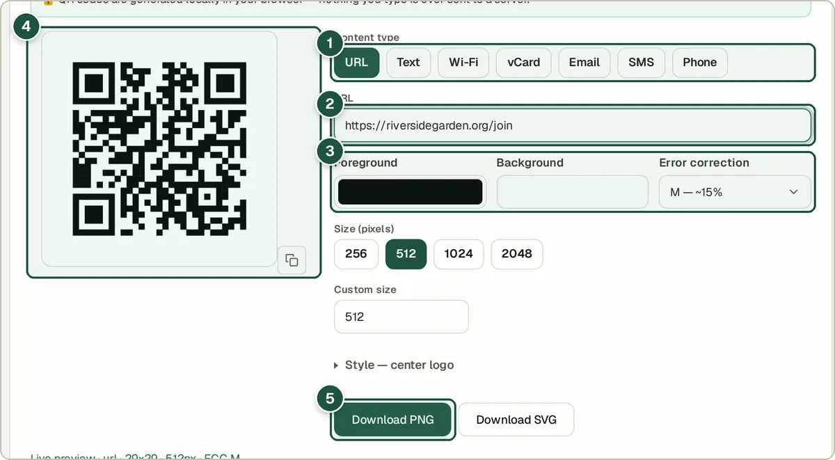 QR Code Generator with a website link entered and a live QR code preview