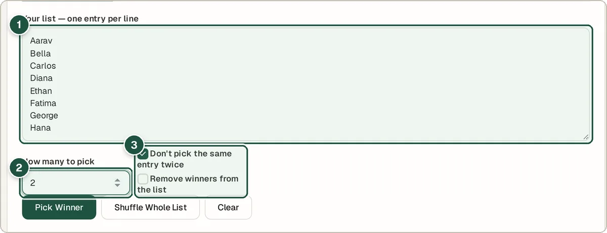 Random Picker with a list of eight names and two winners to pick