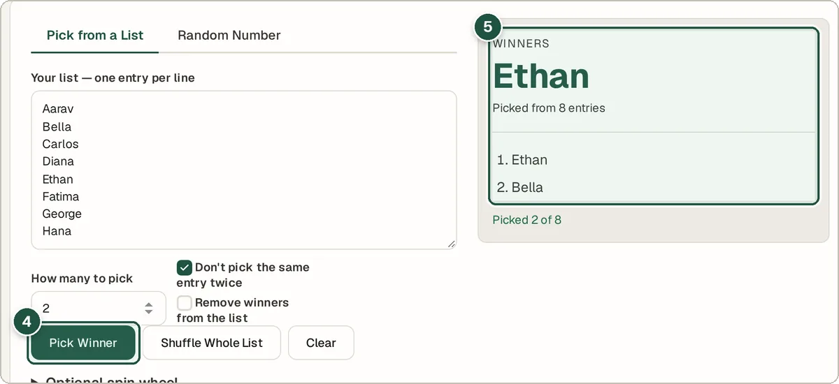 Random Picker showing two randomly chosen winners