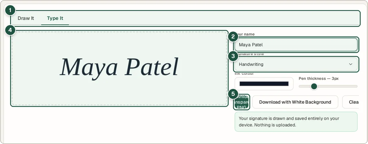 Signature Maker in Type It mode showing the name Maya Patel in a handwriting font