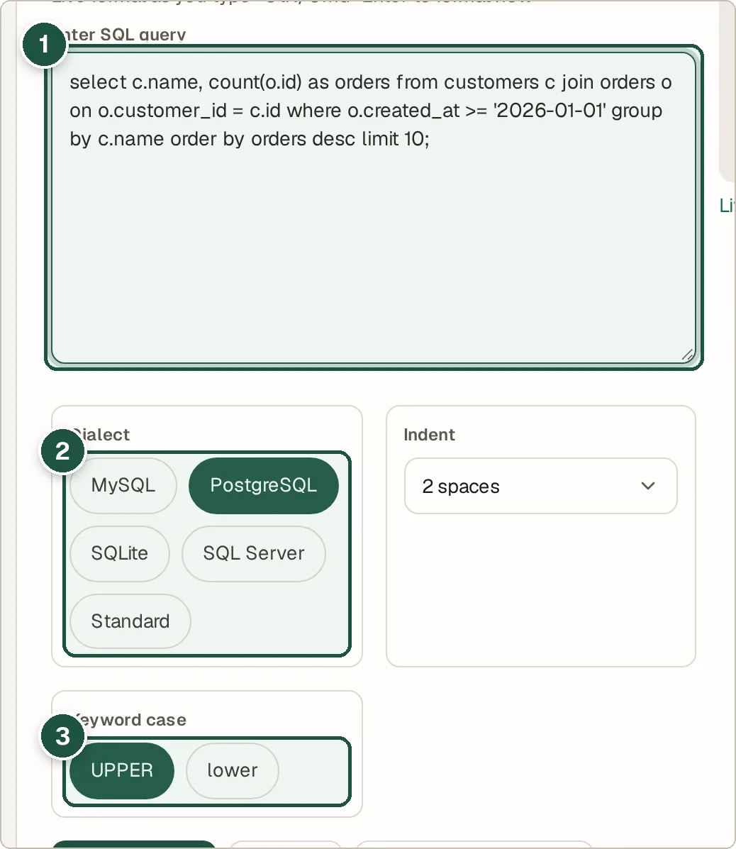 SQL formatter with a one-line query and PostgreSQL selected