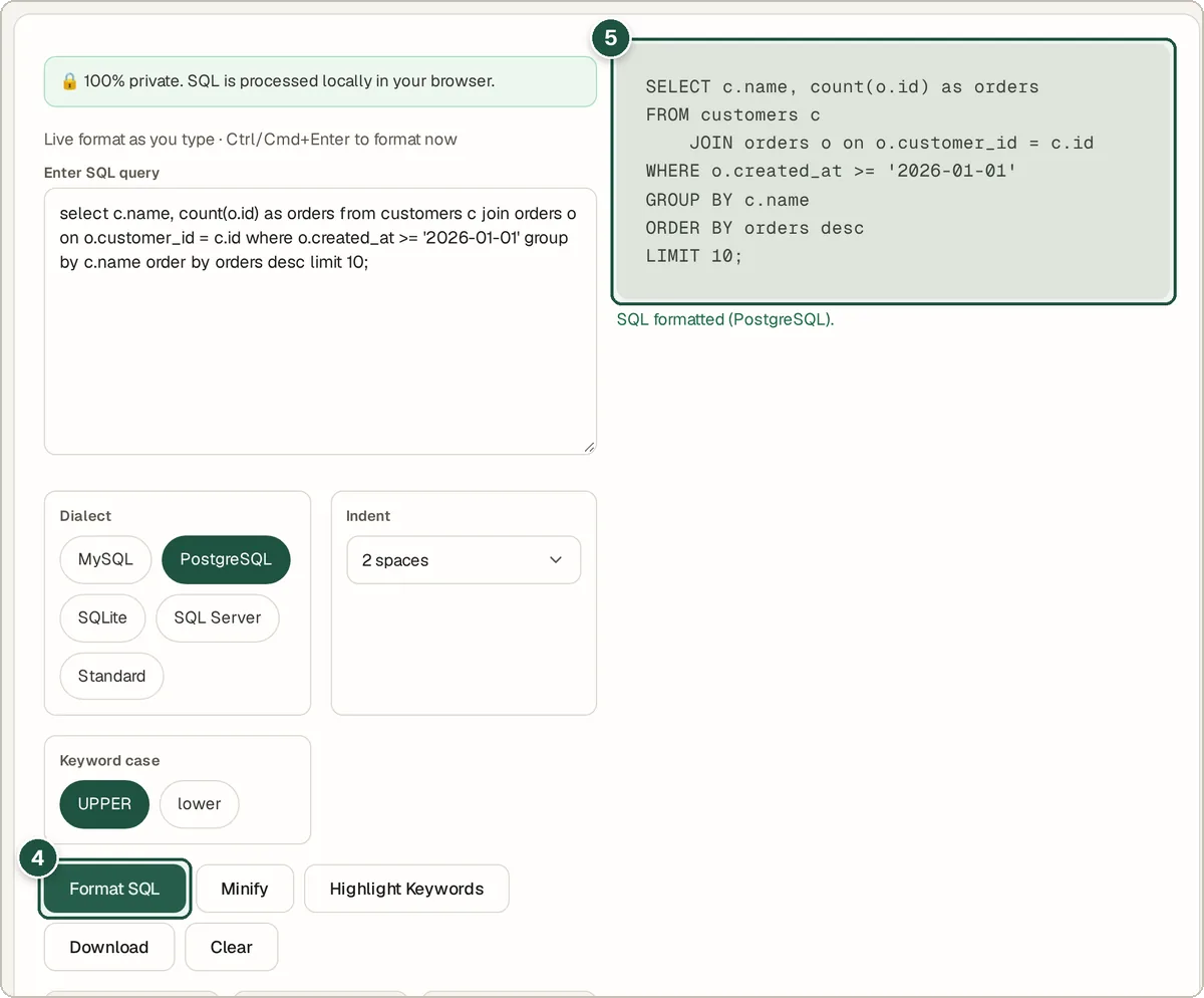 Formatted SQL query split into SELECT, FROM, JOIN, WHERE and GROUP BY lines
