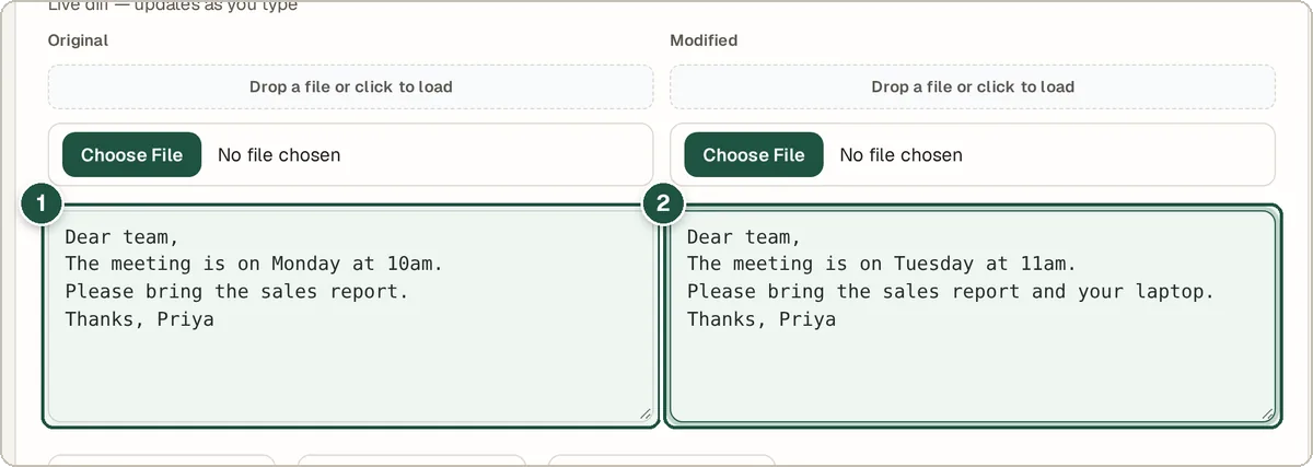 Text Diff Checker with an original and a modified paragraph pasted in