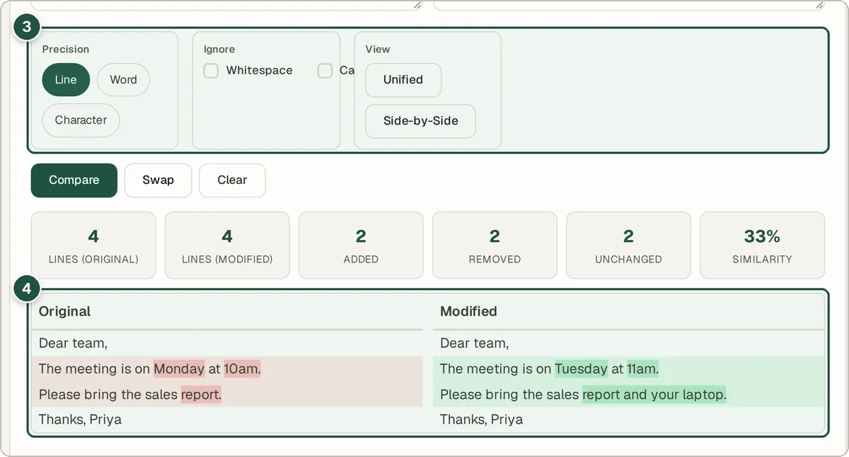 Diff options and a side-by-side result with removed words in red and added words in green