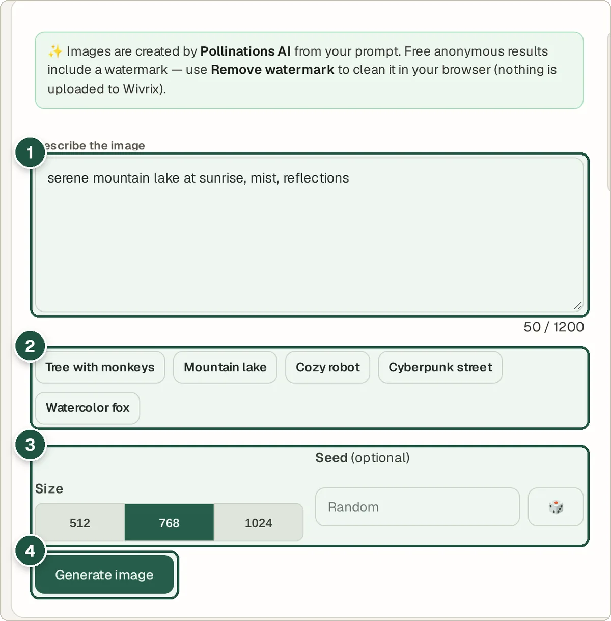 Text to Image generator with a mountain lake prompt and size options