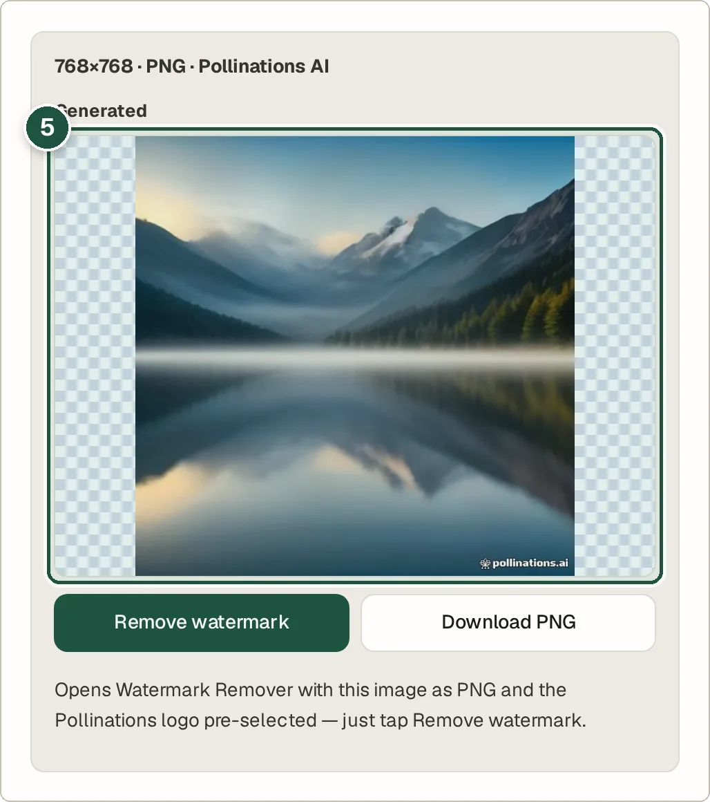 AI-generated picture of a misty mountain lake at sunrise with a small Pollinations logo