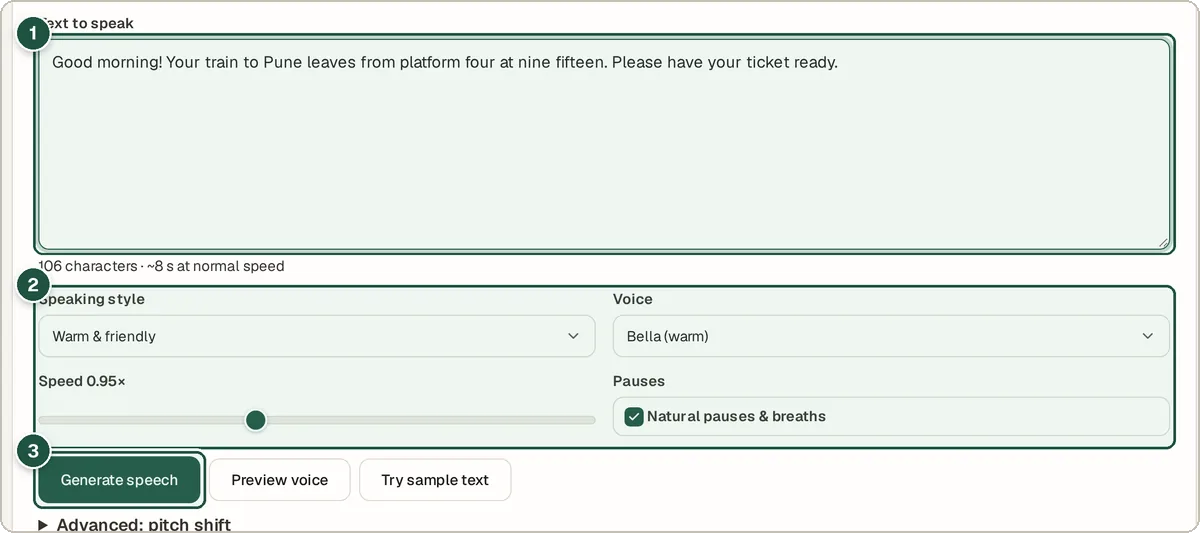 Text to Voice with a train announcement typed in, Warm and friendly style and Bella voice selected