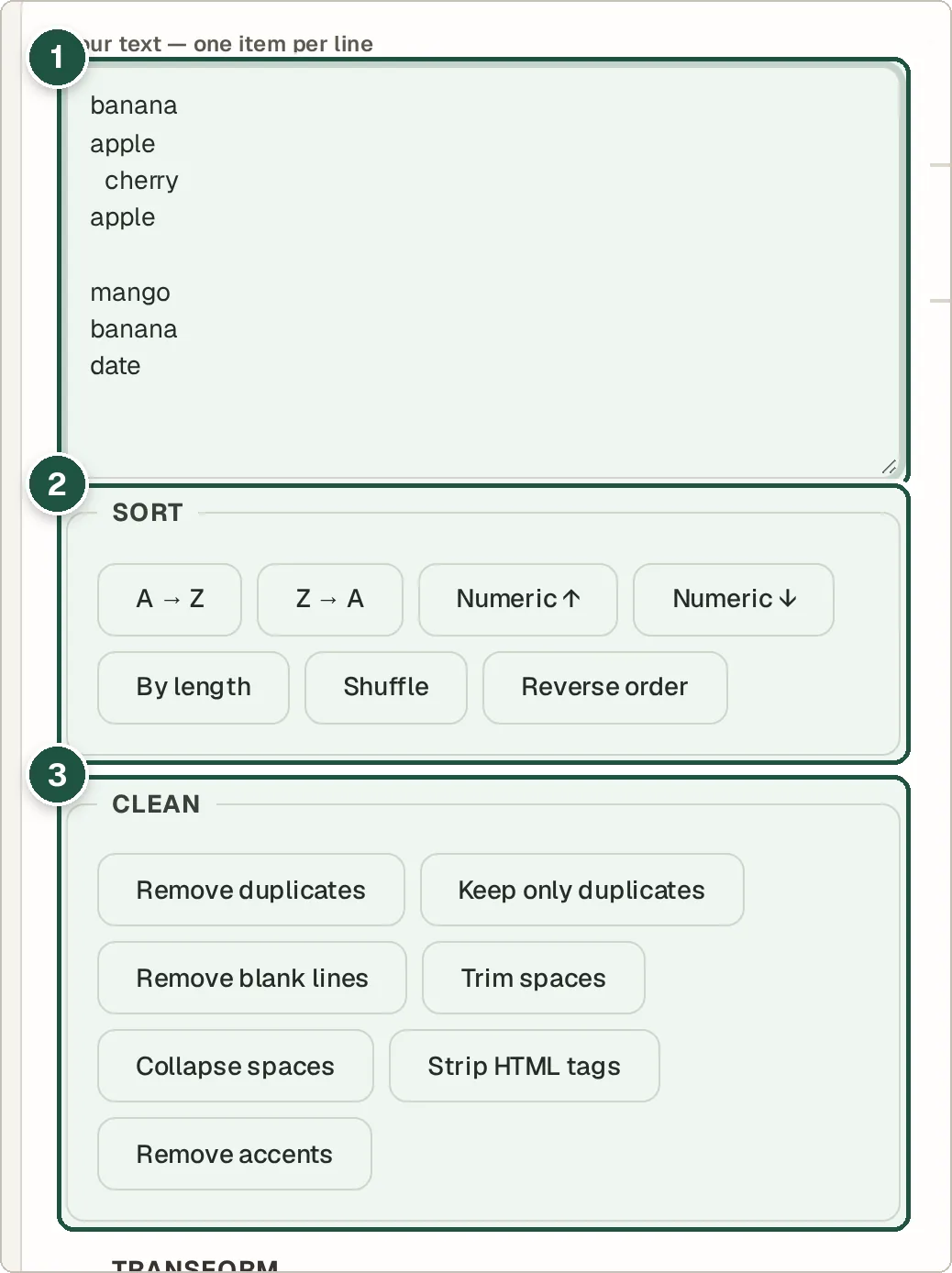 Text Toolkit with a messy list of fruit names and sort and clean buttons