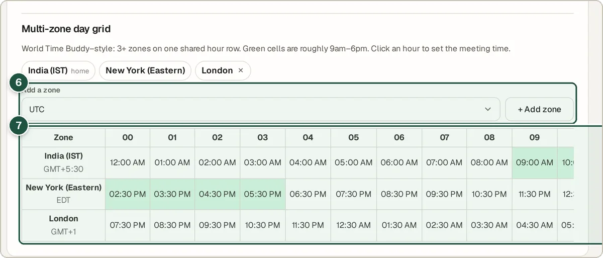 Multi-zone day grid showing matching hours across several cities