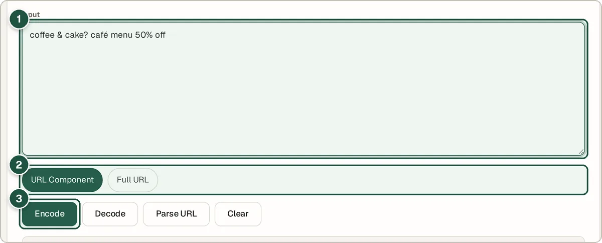 URL encoder with the text coffee and cake cafe menu 50% off typed in