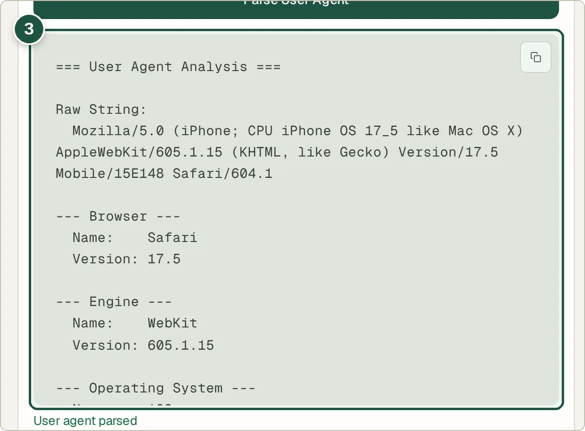 Parsed user agent showing browser, operating system, device and engine