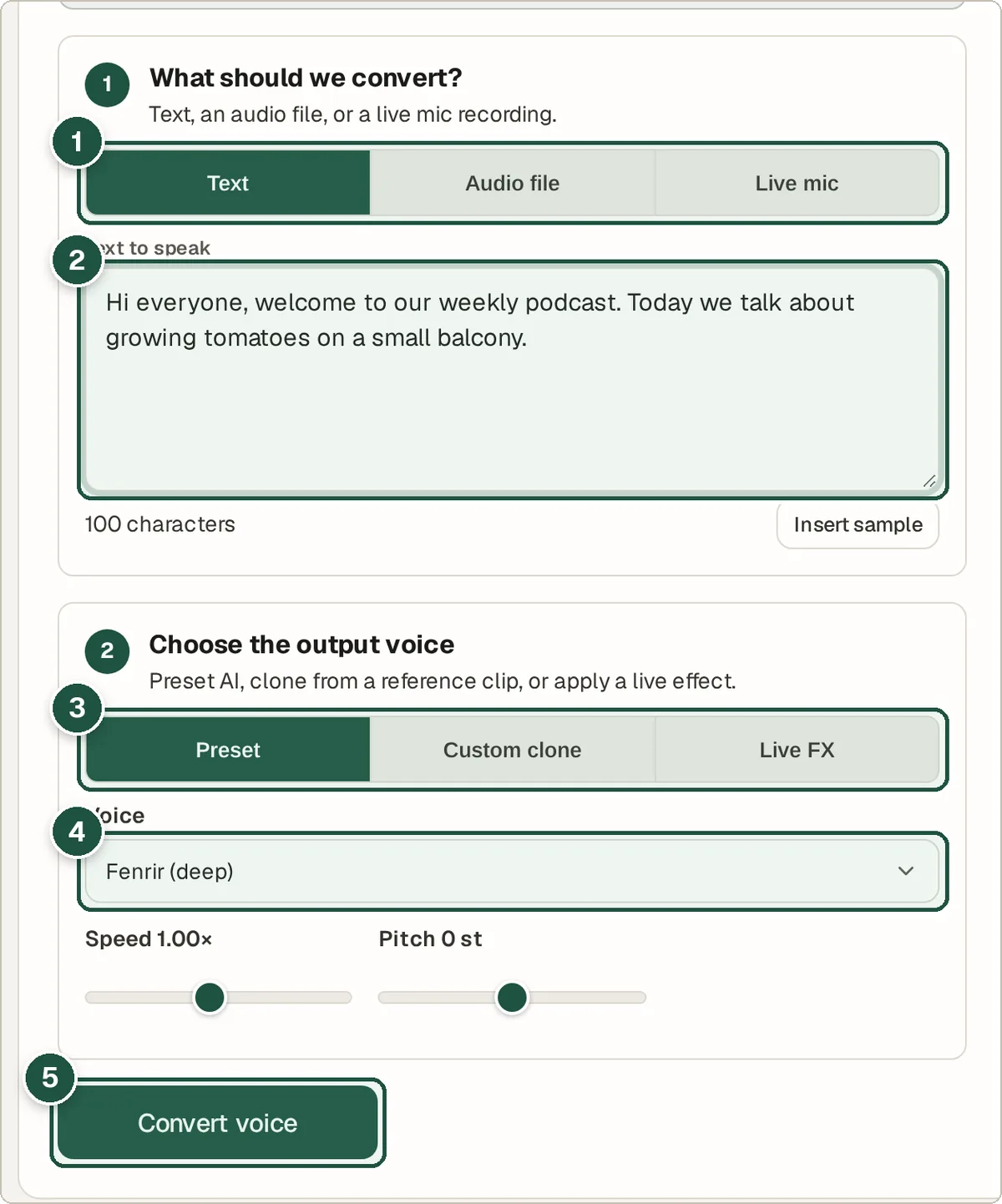 Voice Changer with podcast text typed in, Preset selected and the Fenrir deep voice chosen