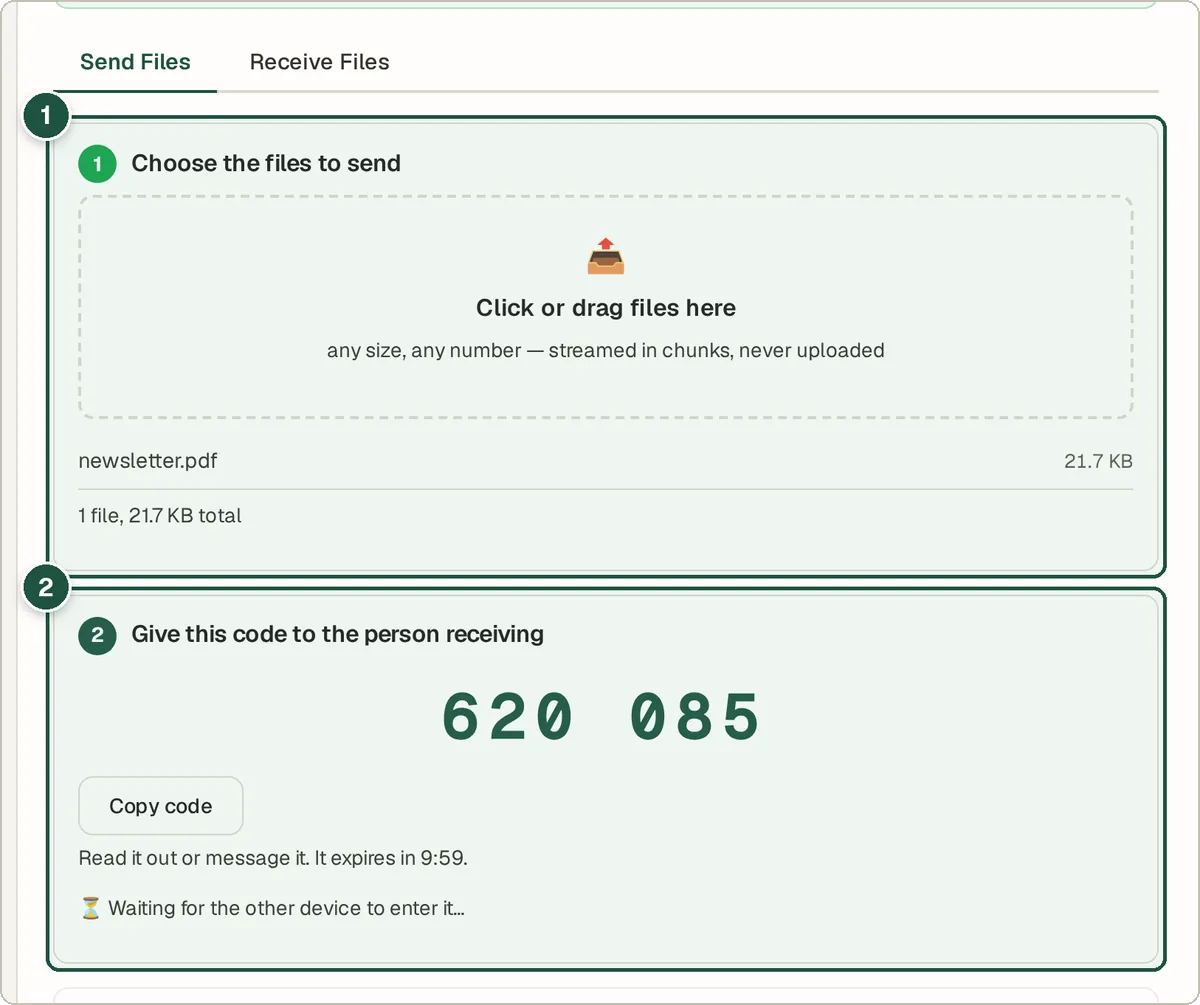 WAN File Transfer sender with a file chosen and a six-digit code