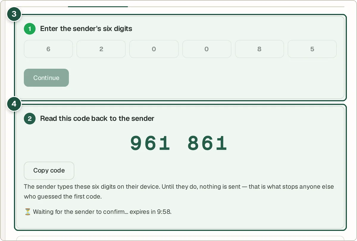 WAN File Transfer receiver entering the sender's code and showing a read-back code
