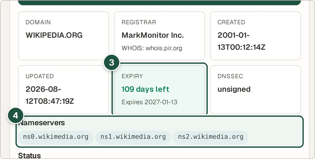 WHOIS result cards showing registrar, dates, expiry countdown and nameservers